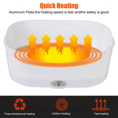 An oval electric lunch box with a white plastic exterior and an internal aluminum heating plate.