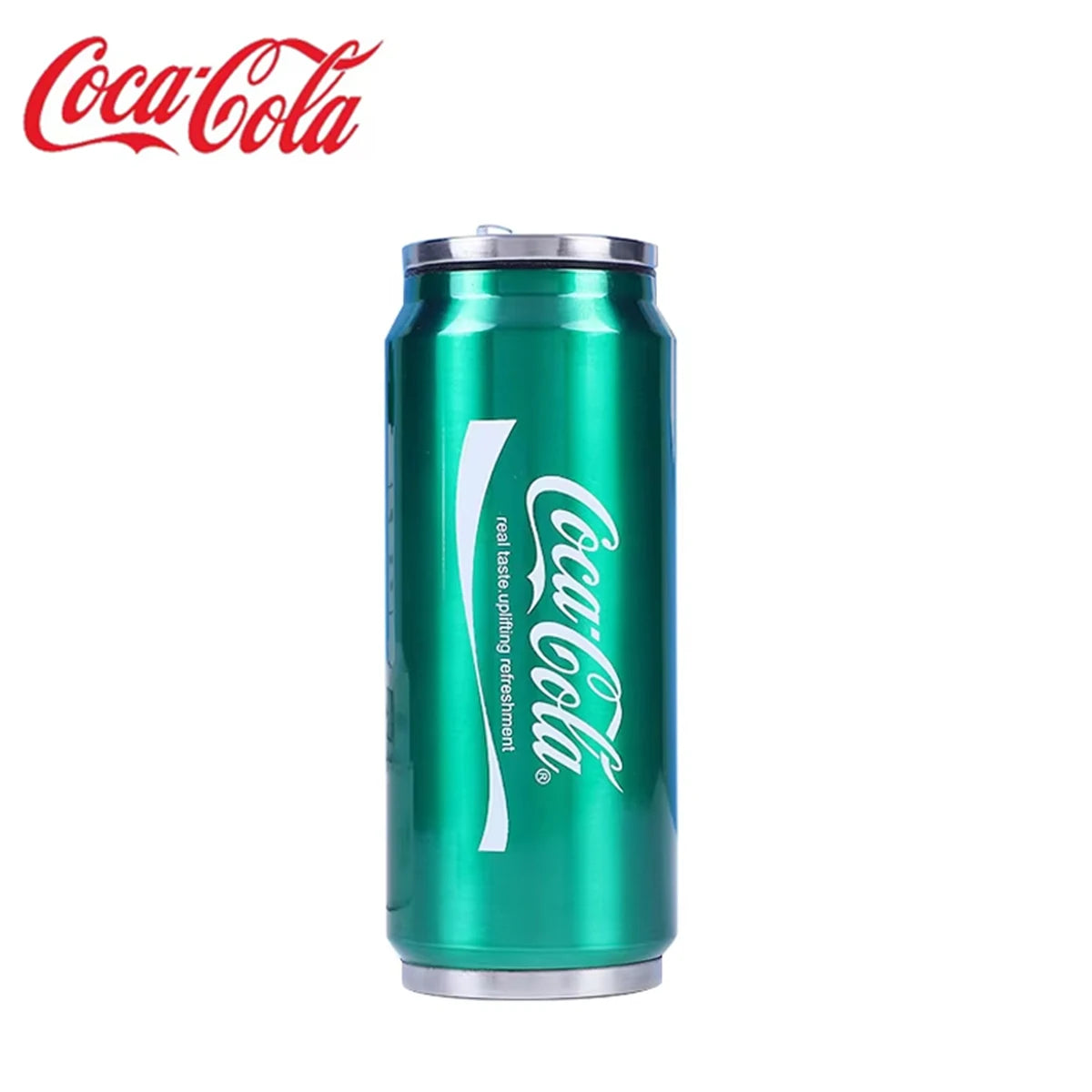 A green stainless steel mug shaped like a Coca-Cola can with the brand logo on the side.