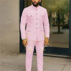 Affrica Style White Stand Collar Single Breasted Jacket Pants Business Men Suit Tuxedos Groom Wedding Suits Male Blazer Sets