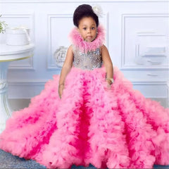 Gorgeou Flower Girls Dress Little Baby Girl Sky Blue Tulle Fluffy Applique for Party Kids Wedding Ball Birthday Evening Gowns