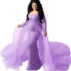 Deep V-neck lace maternity dress with tulle and feather details, long sleeves, perfect for photoshoots or special occasions.