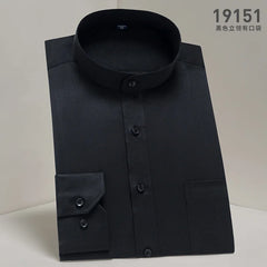 Men's stand up collar shirt classic round neck slim fit vertical collar long sleeved white shirt