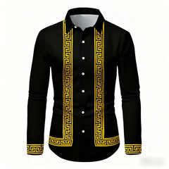 Men's Retro Geometric Print Long-Sleeve Shirt, Stylish Black and White Color-Blocked Slim Fit Shirt, Casual and Versatile Top