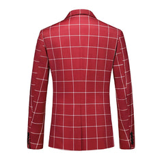 A red single-breasted men's blazer featuring a white grid pattern and long sleeves.