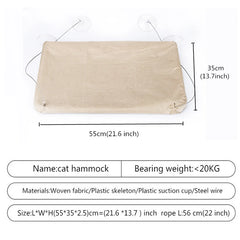 A beige rectangular cat hammock with suction cups and steel wires for window mounting.