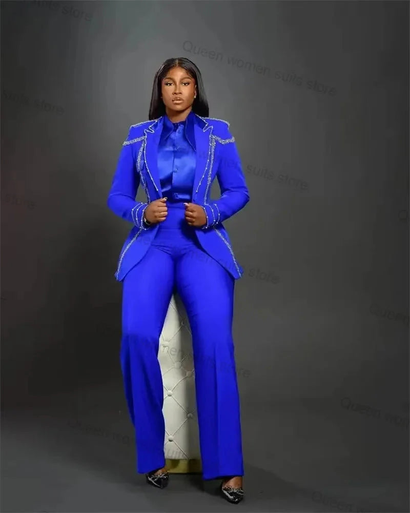 Formal Royal Blue Women Suit Pants Set for Wedding 2 Piece Blazer+Trousers Crystals Office Lady Jacket Coat Tuxedos Custom Made SHOWLU FASHION STORE