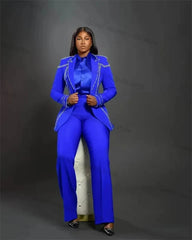 Formal Royal Blue Women Suit Pants Set for Wedding 2 Piece Blazer+Trousers Crystals Office Lady Jacket Coat Tuxedos Custom Made SHOWLU FASHION STORE