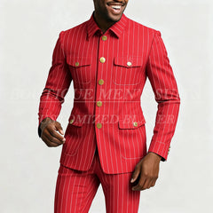 Elegant Pinstripe Men's Suits Fashion Single Breasted Stand Lapel Slim Fit Male Clothing Customzied 2 Piece Jacket Pants Sets
