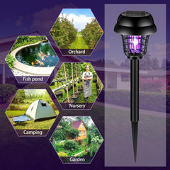 A solar-powered bug zapper stake light shown with examples of outdoor use locations.