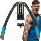 An adjustable hydraulic arm exerciser with blue grips and a central resistance dial.