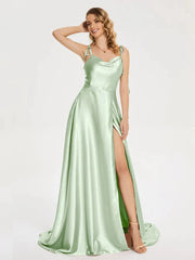 2024 New 3 Styles Simple Satin Bridesmaid Dress Cowl Neckline with Tieing Thin Straps Evening Dress Leg Slit A-line Prom Dress SHOWLU FASHION STORE