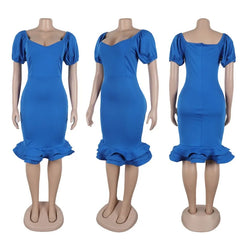 A blue midi bodycon dress with a square neckline, short puff sleeves, and a ruffled hem.