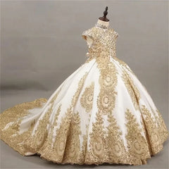 JDY Custom Girls' Sleeveless Ball Gown with Intricate Gold Lace Embroidery & Long Train - Elegant Princess Dress for Special Occ