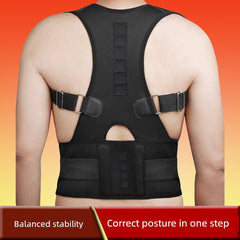 A black posture corrector brace worn on the back with adjustable straps and a waist belt.