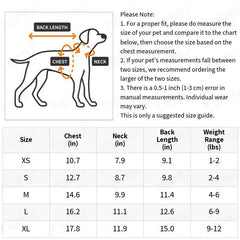A size chart for a pet sweater showing chest, neck, back length, and weight measurements.