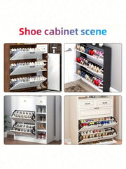 A collage showing four different styles of shoe cabinets featuring space-saving tilt-out drawers.
