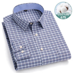 100% Pure Cotton Oxford Men's Shirts Long Sleeve Plaid Soft Regular Fit Formal Dress Shirt Social Blouse Male Clothes 6XL 7XL