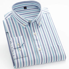 Premium Men's Plaid Striped Dress Shirt - Comfortable Cotton, Long Sleeve - For Spring Autumn Casual or Light Business Wear