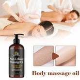 A bottle of M3 Naturals anti-cellulite massage oil next to a before and after skin comparison.