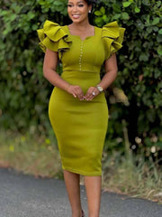 A woman wears a lime green midi sheath dress with ruffled butterfly sleeves and rhinestone buttons.