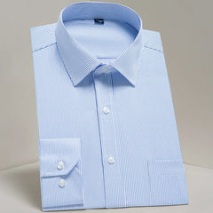 A long-sleeve men's dress shirt in a blue and white pinstripe pattern with a button-up front.