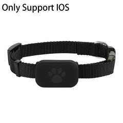A black pet collar featuring a small rectangular GPS tracking device with a paw print icon.