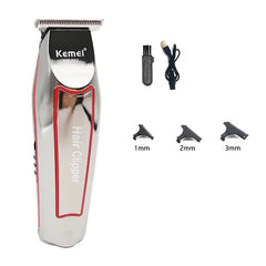 A silver Kemei electric beard trimmer with a charging cable, cleaning brush, and three guide combs.