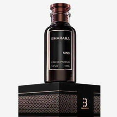 A bottle of Bharara King eau de parfum sits atop its matching black patterned box.