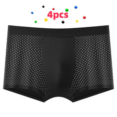 A pair of black men's boxer shorts featuring a breathable mesh fabric design.