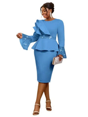 A blue knee-length sheath dress with long sleeves, ruffled bodice, and sequined cuffs.