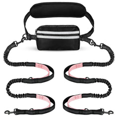A hands-free dual dog leash with a waist pouch and two shock-absorbing bungee leads.