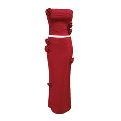 Women Summer Two Piece Set Gorgeous Red Strapless Corset - style Crop Top and Maxi Skirt Set With Rose Party Evening Prom Dress