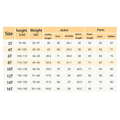 A size chart table for a boys' suit showing height, weight, and garment measurements in centimeters.
