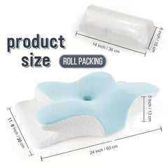 A butterfly-shaped memory foam cervical pillow with dimensions shown for the product and packaging.