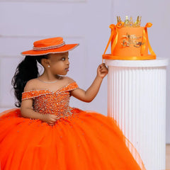 Orange Tulle Girls Birthday Party Dresses Customized Ball Gown Crystal Flower Girl Dresses for Wedding Baby Girls Pageant Dress