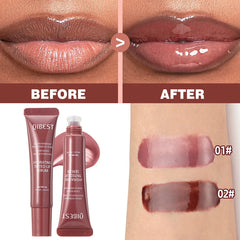 Two tubes of QiBest tinted lip serum shown with before and after lip application and color swatches.