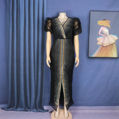 Fashion stretch mesh diamond-encrusted dress V-neck bubble sleeve
