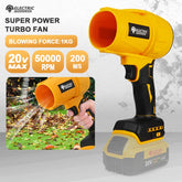 A yellow handheld cordless turbo blower with a black handle and a 20V battery attached.
