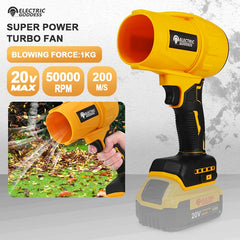 A yellow handheld cordless turbo blower with a black handle and a 20V battery attached.
