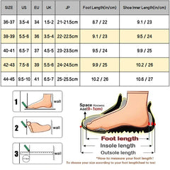 A size chart for women's flip flops showing foot measurement instructions and conversion tables.