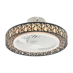 A round ceiling fan light featuring a white fan center surrounded by a black geometric lattice frame.