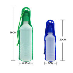 Two portable pet water bottles with attached drinking bowls, measuring 26cm and 20cm in height.