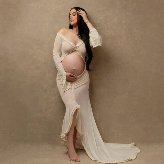 Maternity Sheer Lace Ruffle Ruched Dress Long Sleeve Sexy Slit Belly Gowns Pregnant Dress For Photoshoot Simple Baby Shower