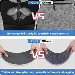 A comparison image showing a pet carrier with breathable mesh and a sturdy, non-sagging base.