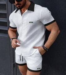 Men's Casual Two-Piece Set, new summer fashion classic lapel color matching shorts short sleeve loose Sports Beach Suit SHOWLU FASHION STORE