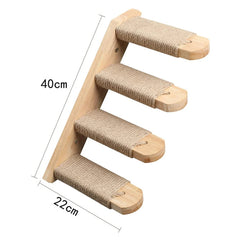 A wall-mounted cat climbing ladder featuring four wooden steps wrapped in sisal rope.