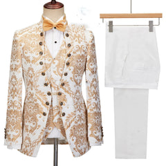 A three-piece men's suit featuring a white and gold floral jacquard blazer, vest, and trousers.