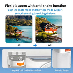 A universal phone vlogging handle featuring a magnetic zoom lever and an anti-slip grip.