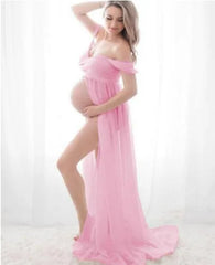 Sexy deep V-neck maternity dress by Showlu Fashion with tulle, lace, long sleeves, and feather details for photo shoots.