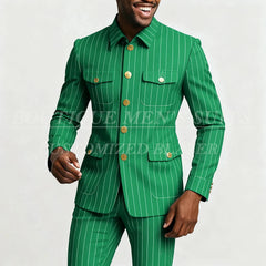 Elegant Pinstripe Men's Suits Fashion Single Breasted Stand Lapel Slim Fit Male Clothing Customzied 2 Piece Jacket Pants Sets